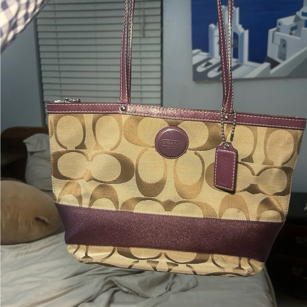 Coach Signature Tan and Purple Tote